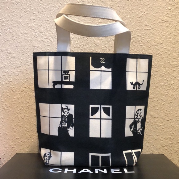 CHANEL Coco Canvas Window Tote Bag Black White Classic - Picture 3 of 15